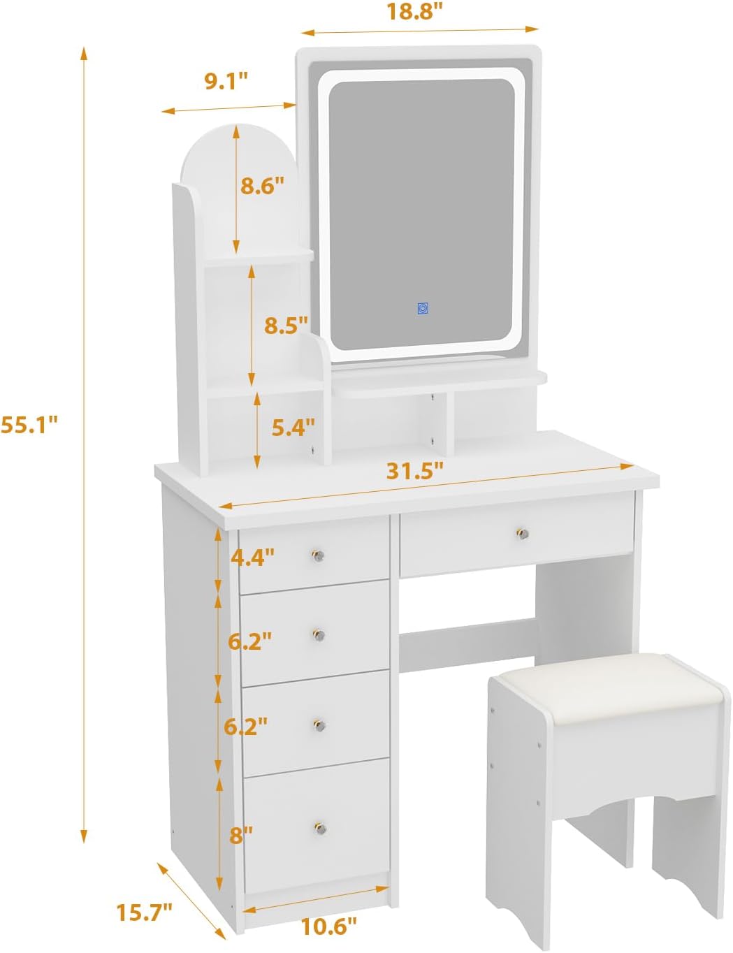 Vanity with Chair, Dressing Table with Lighted Rectangular Mirror, 5 Drawers and Shelves, Makeup Vanity Set with Storage for Bedroom, Crystal Knobs, White, 15.7' D x 31.5' W x 55.1' H