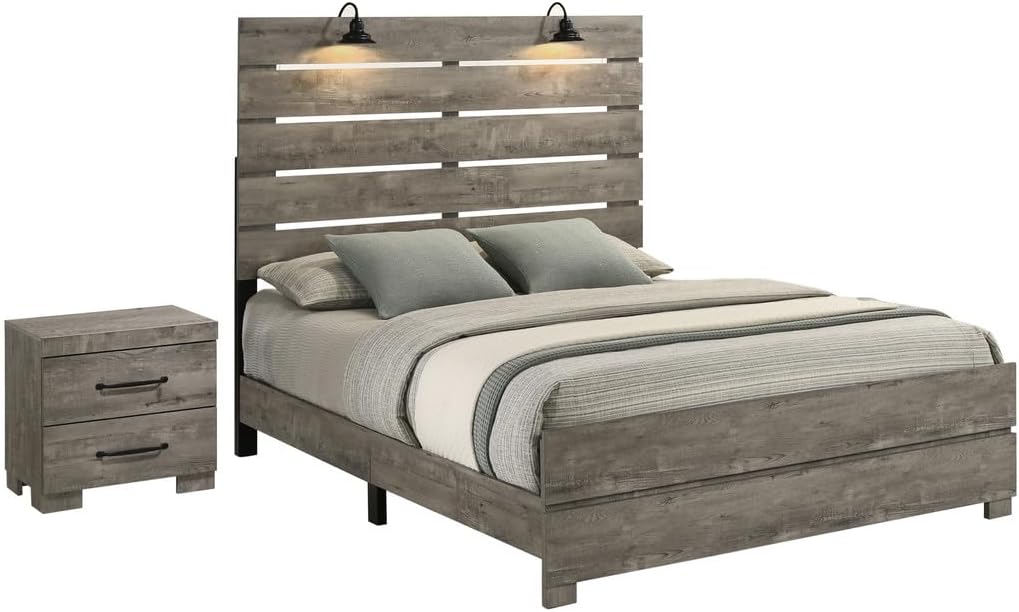 BEST QUALITY FURNITURE TM THE BEST CHOICE FOR YOUR HOME Modern 2-Piece Queen Bedroom Set with LED Reading Lamps and USB Nightstand – Panel Bed Frame and Nightstand in Antique Gray Laminate Finish