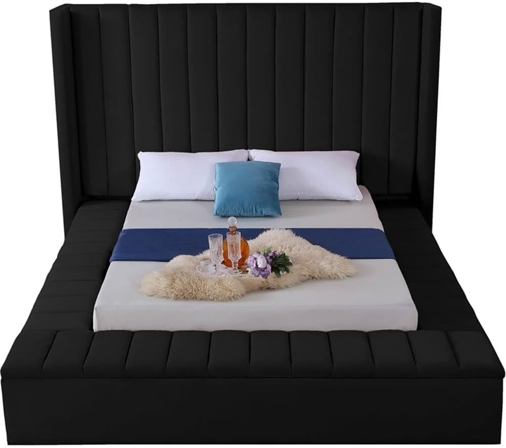 Meridian Furniture Kiki Collection Modern | Contemporary Velvet Upholsterd Bed with Channel Tufting, Siderails and Footboard Storage Compartments, King, Black