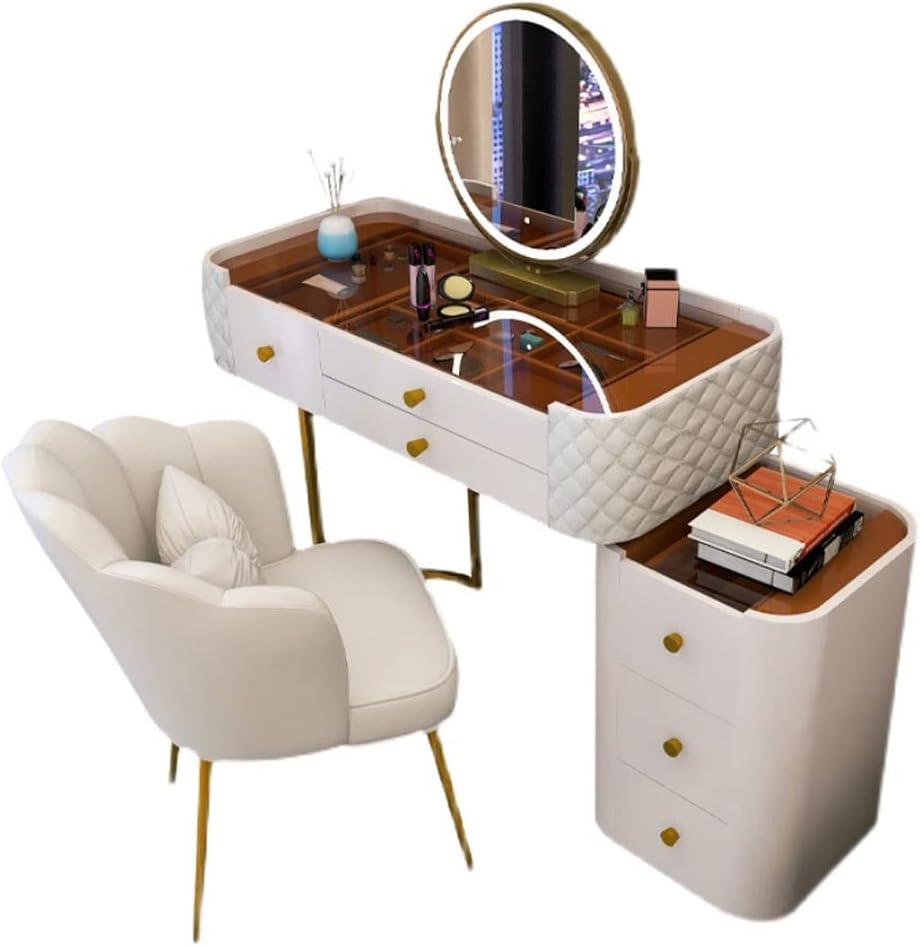 Vanity Benches Dresser Modern Bedroom Glass Vanity Table Small Apartment Storage Cabinet with Storage Cabinet, Stool, Mirror (Color : A)