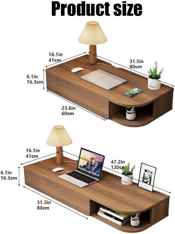 Wall-Mounted Desk with Storage Drawers Hanging Corner Vanity Table Wooden Computer Table Adjustable Bookshelf for Home Offices Space Saver(Gray Right,120 cm)