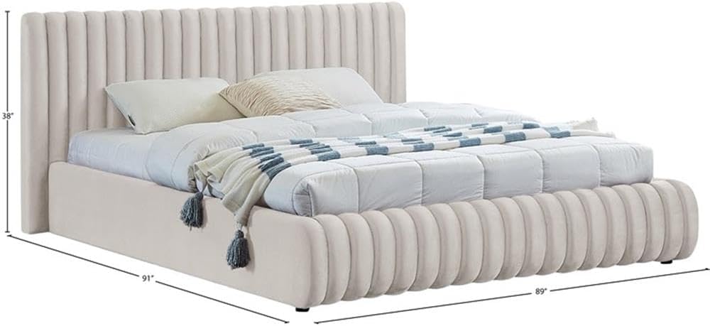 Pemberly Row King Bed, Cream Velvet Upholstery, Deep Channel Tufted Headboard and Footboard, Contemporary Transitional Design, Sturdy Construction, 89' W x 91' D x 38' H for Bedroom Decor