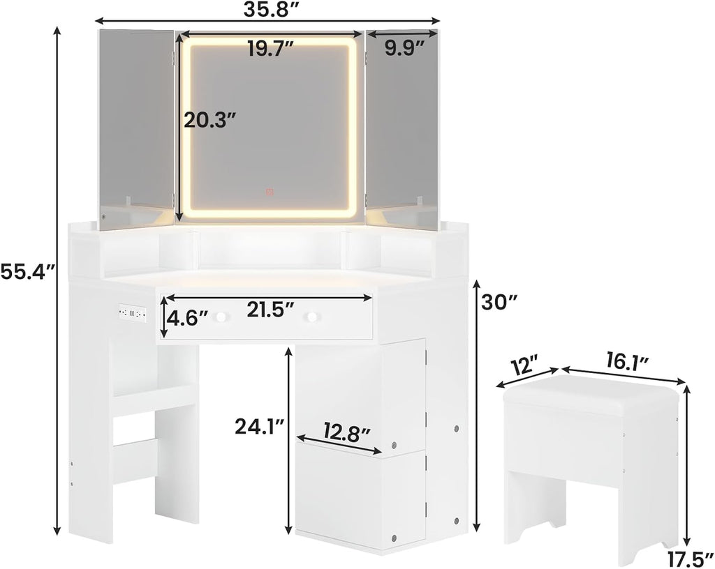 BTHFST Corner Vanity with Tri-Fold Mirror & Cushioned Storage Stool, Vanity Desk with Mirror and Lights, Makeup Vanity with Charging Station, Makeup Table with Drawers, Shelves, White