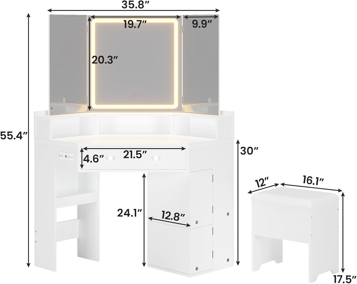 BTHFST Corner Vanity with Tri-Fold Mirror & Cushioned Storage Stool, Vanity Desk with Mirror and Lights, Makeup Vanity with Charging Station, Makeup Table with Drawers, Shelves, White