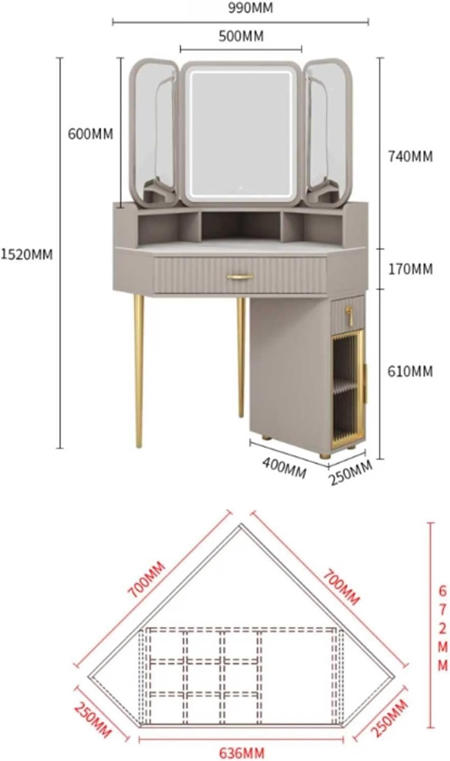Corner Vanity Desk Set with Storage Cabinets, Circular Mirror & Stool, Space-Saving Wood Triangle Makeup Desk