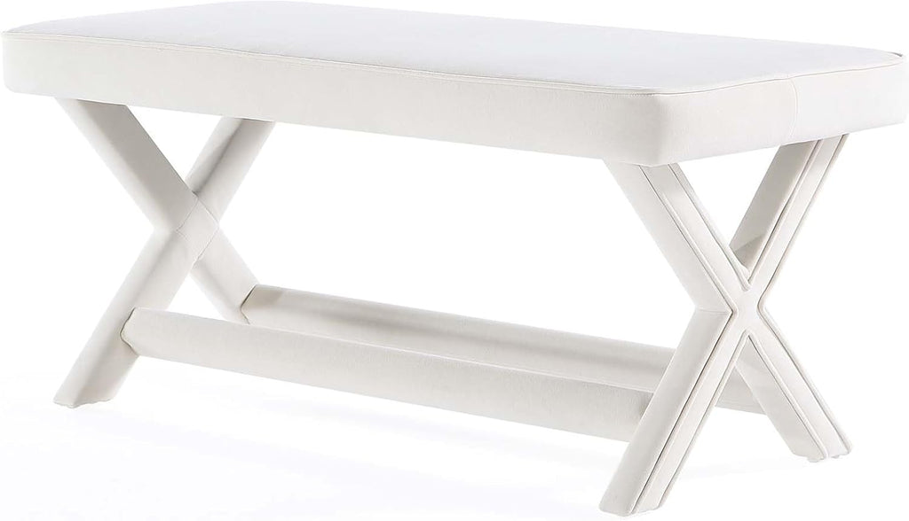 Manhattan Comfort Abigail Double Ottoman Bench Upholstered in Velvet Fabric, Luxurious Accent Vanity Stool with Stylish X-Crossed Legs, Solid Wood Frame, Plush Piped Cushion, Fully Assembled, Cream