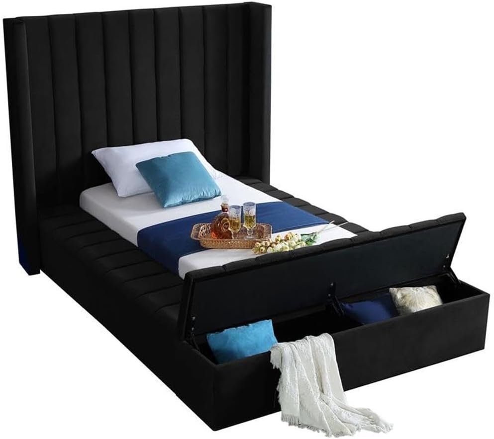 Meridian Furniture Kiki Collection Modern | Contemporary Velvet Upholsterd Bed with Channel Tufting, Siderails and Footboard Storage Compartments, Twin, Black