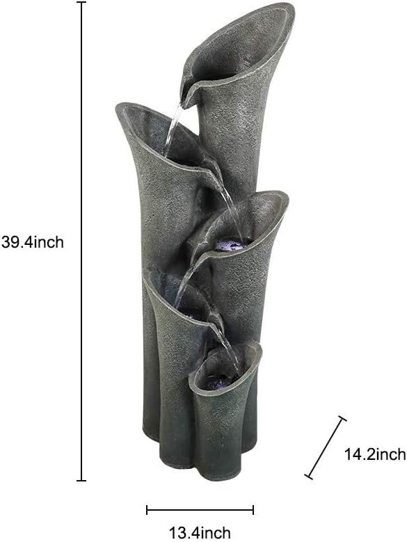 Faux Stone LED Floor Fountain 39 2/5', Bell 5-Tier Waterfall Outdoor Fountain LED Illuminated Water Feature for Patio Garden