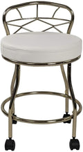 Pemberly Row Modern X-Back Vanity Bench, 27.5 in Tall, Gold Powder-Coated Metal Frame, White Leatherette Upholstered Seat, Casters for Easy Mobility, Elegant Bathroom or Dressing Room Seating