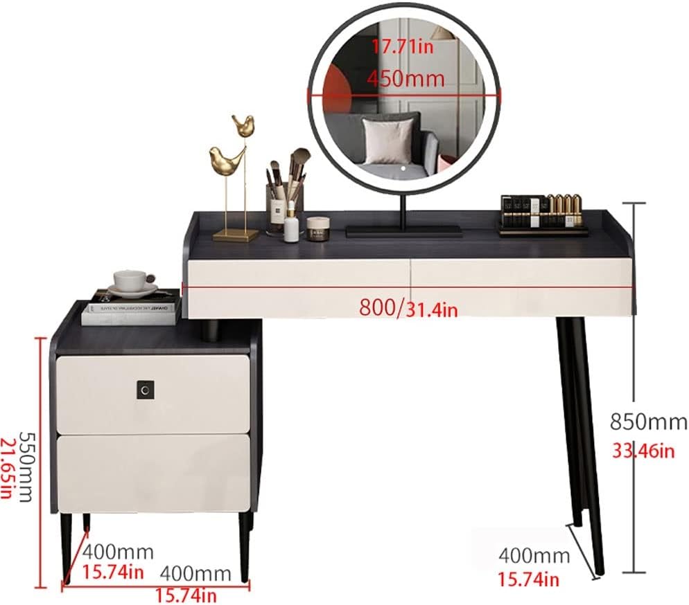 Vanity Benches Dresser Bedroom Modern Minimalist Makeup Table All-in-one Storage Cabinet with LED Round Mirror and Stool (Color : A)