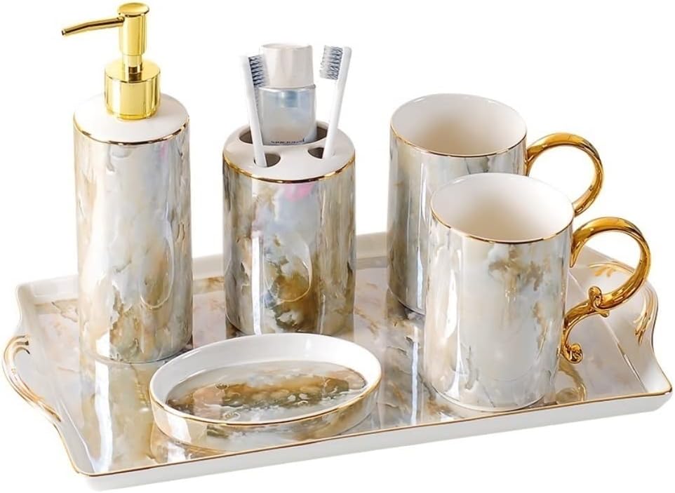 Vanity Bathroom Decor, 6 Piece Bathroom Accessory Set, Includes Soap Dispenser Pump Toothbrush Holder Soap Dish Tray for Home Housewarming Gift(A)