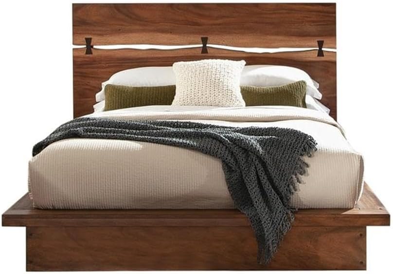 MAKLAINE 4-Piece California King Wood Bedroom Set, Smokey Walnut Finish, Includes Bed, Nightstand, Dresser, Mirror, Mahogany and Veneer Construction, Rustic Style for Master Bedroom Decor