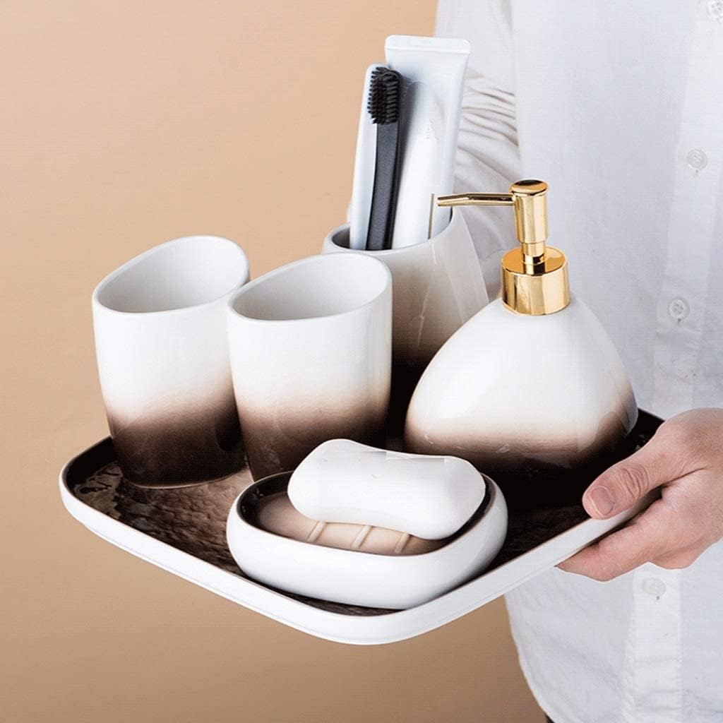 Vanity Bathroom Decor, Bathroom Accessory Set Ceramic Bathroom Accessories Set 450ml/15.2oz Soap Dispenser Gradient Brown Bathroom Set Housewarming Gift(6 Piece Set)
