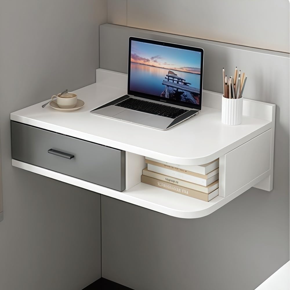 Floating Writing Desk with Storage Drawers Wall-Mounted Computer Table Hanging Corner Vanity Table Rounded Corners for Chamber Practical(White Right,60 cm)