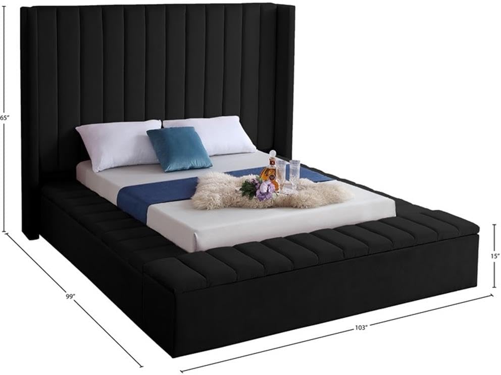 Meridian Furniture Kiki Collection Modern | Contemporary Velvet Upholsterd Bed with Channel Tufting, Siderails and Footboard Storage Compartments, King, Black