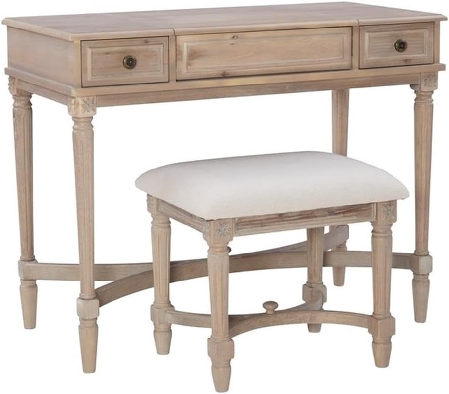 Linon Cyndi Wood Vanity & Padded Stool Set Flip Up Mirror 2 Drawers in Gray Wash