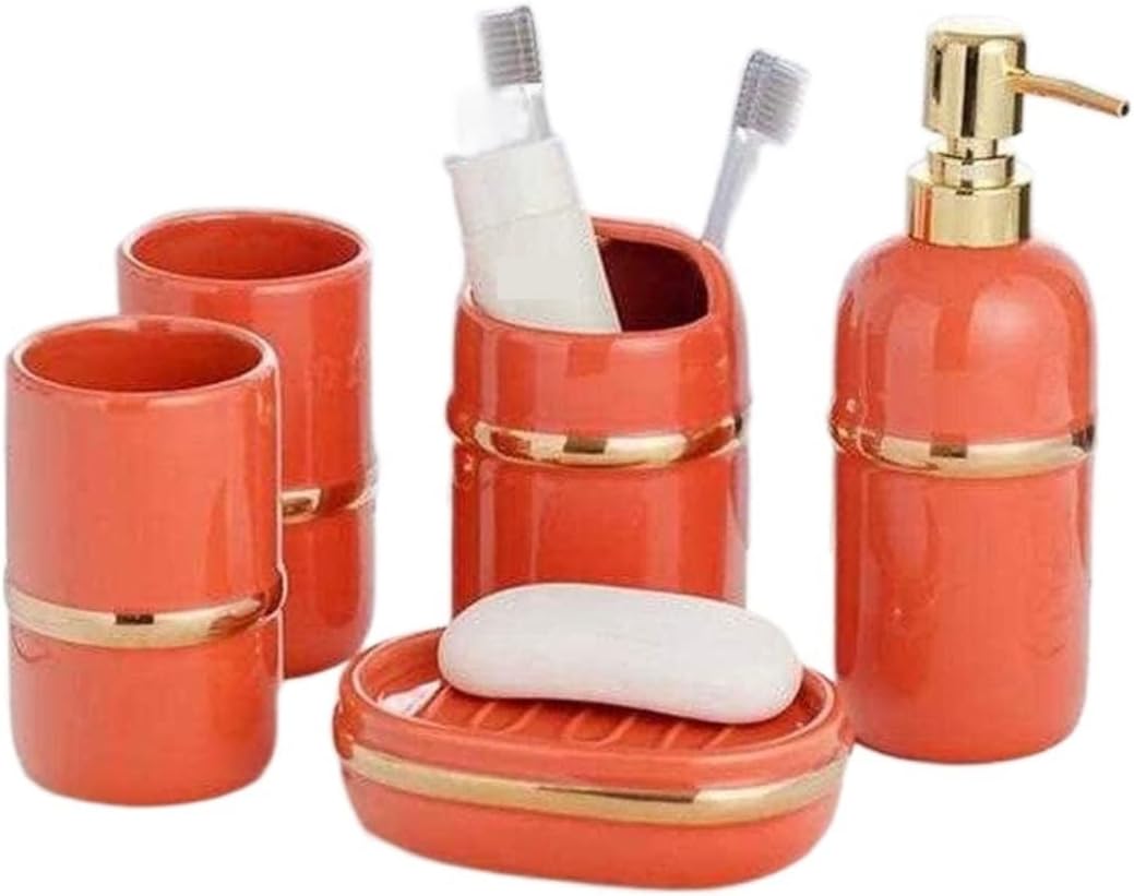 Vanity Bathroom Decor, Bathroom Accessory Sets Bathroom Set 5-Piece Ceramic Elegant and Stylish Design Wash Set Bathroom Gift Housewarming Gift(Orange)