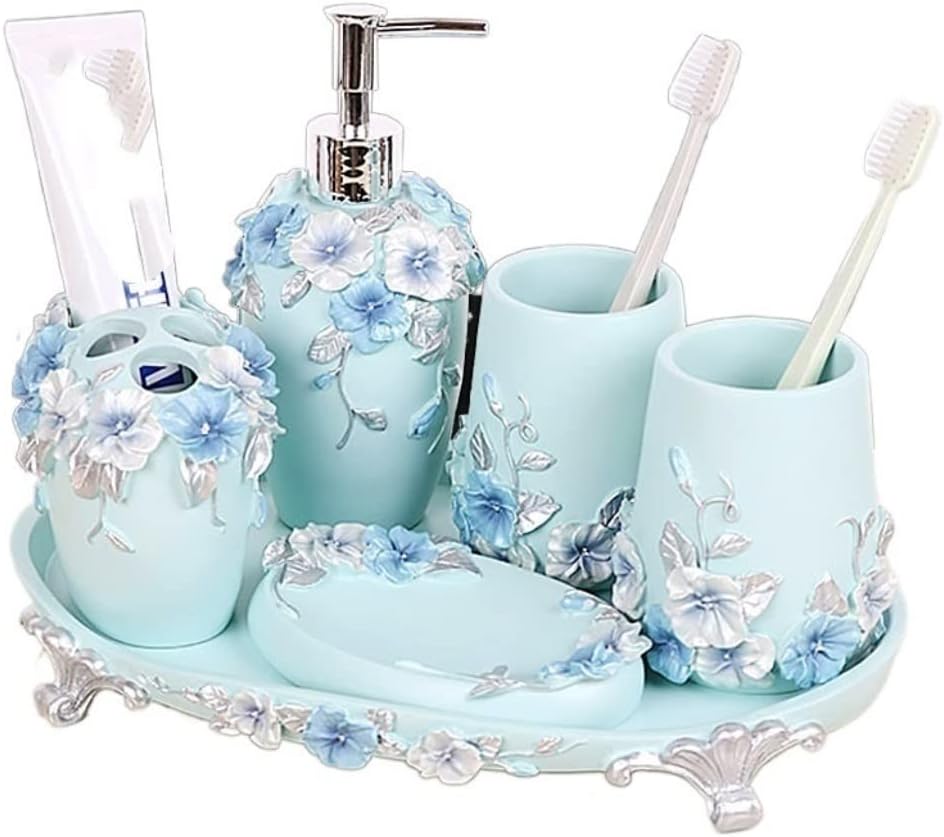 Vanity Bathroom Decor, Bathroom Accessories Set Resin Bathroom Set Toothbrush Holder Soap Dish Soap Dispenser Housewarming Gift(5 Pieces+Tray)