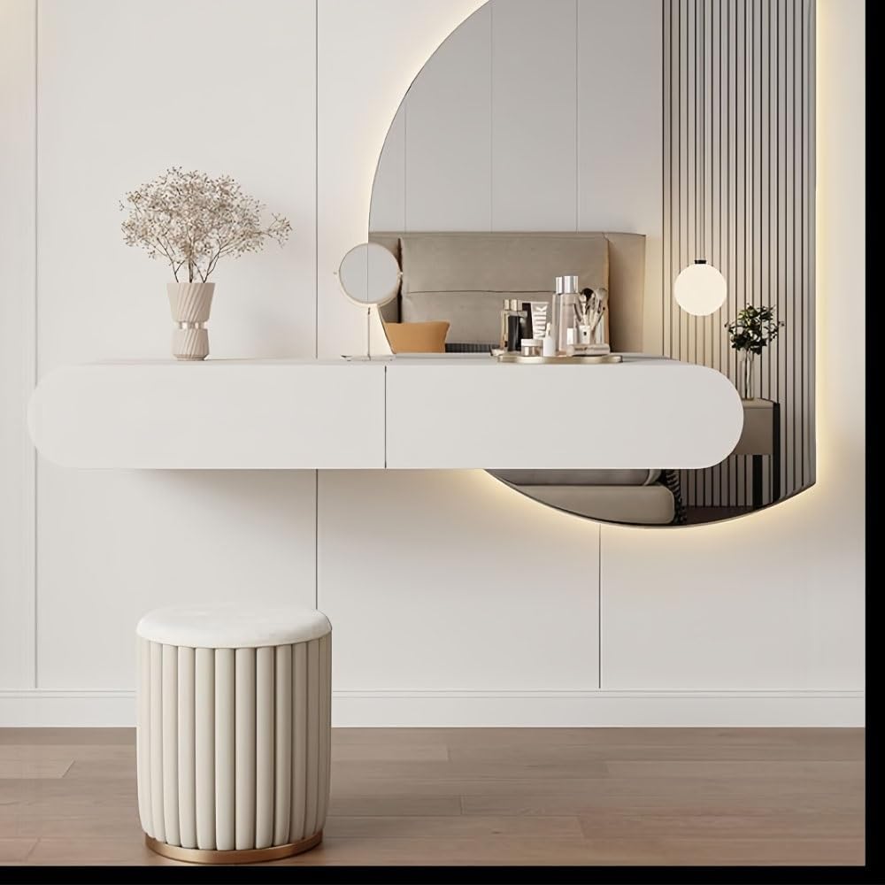 Floating Makeup Vanity with 2 Drawers, Simple Wall Mounted Desk with Rounded Corners, Multi-Functional White Vanity for Bedroom, Dressing Room(95cm/37.4in)