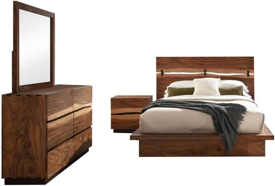MAKLAINE 4-Piece California King Wood Bedroom Set, Smokey Walnut Finish, Includes Bed, Nightstand, Dresser, Mirror, Mahogany and Veneer Construction, Rustic Style for Master Bedroom Decor