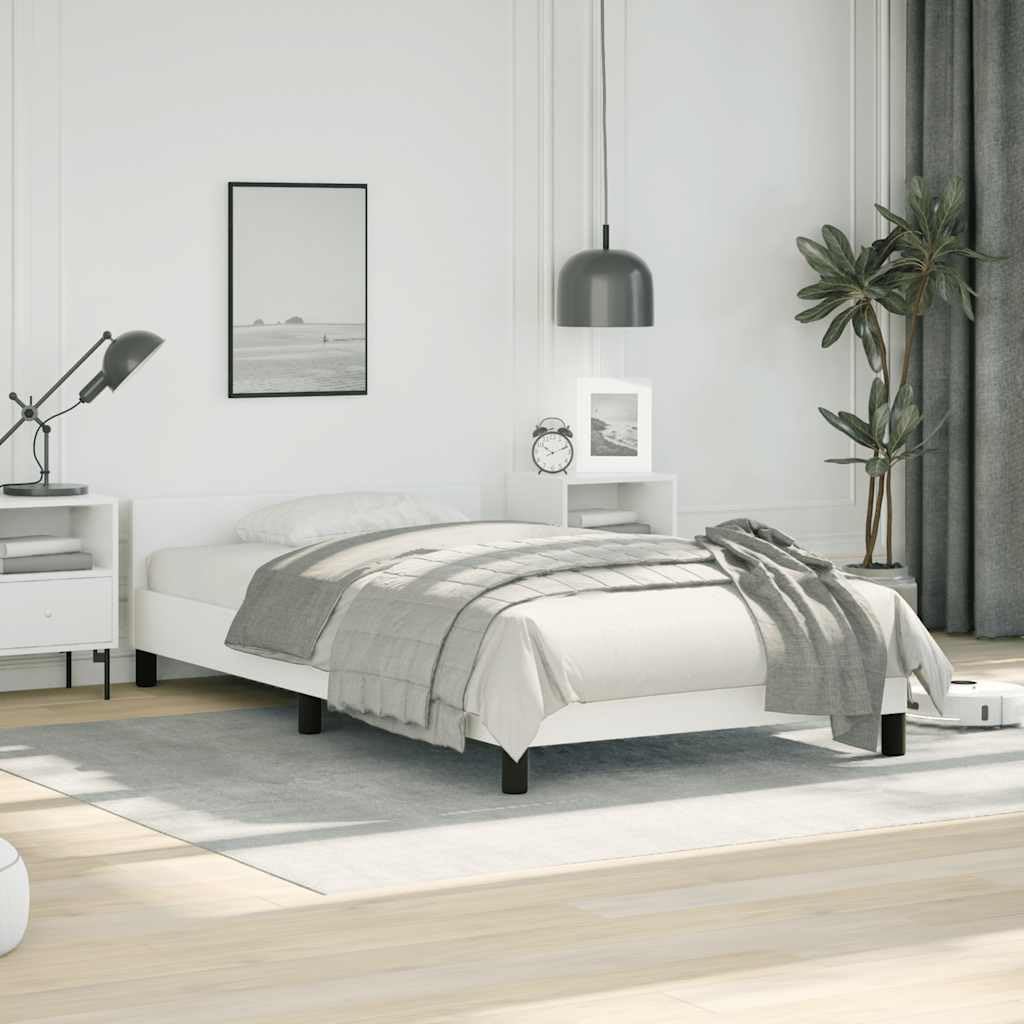 Twin Faux Leather Bed Frame with Headboard, White Scandinavian Design, Engineered Wood and Plywood Construction, Modern Bedroom Furniture for Single Sleeper, Durable and Low