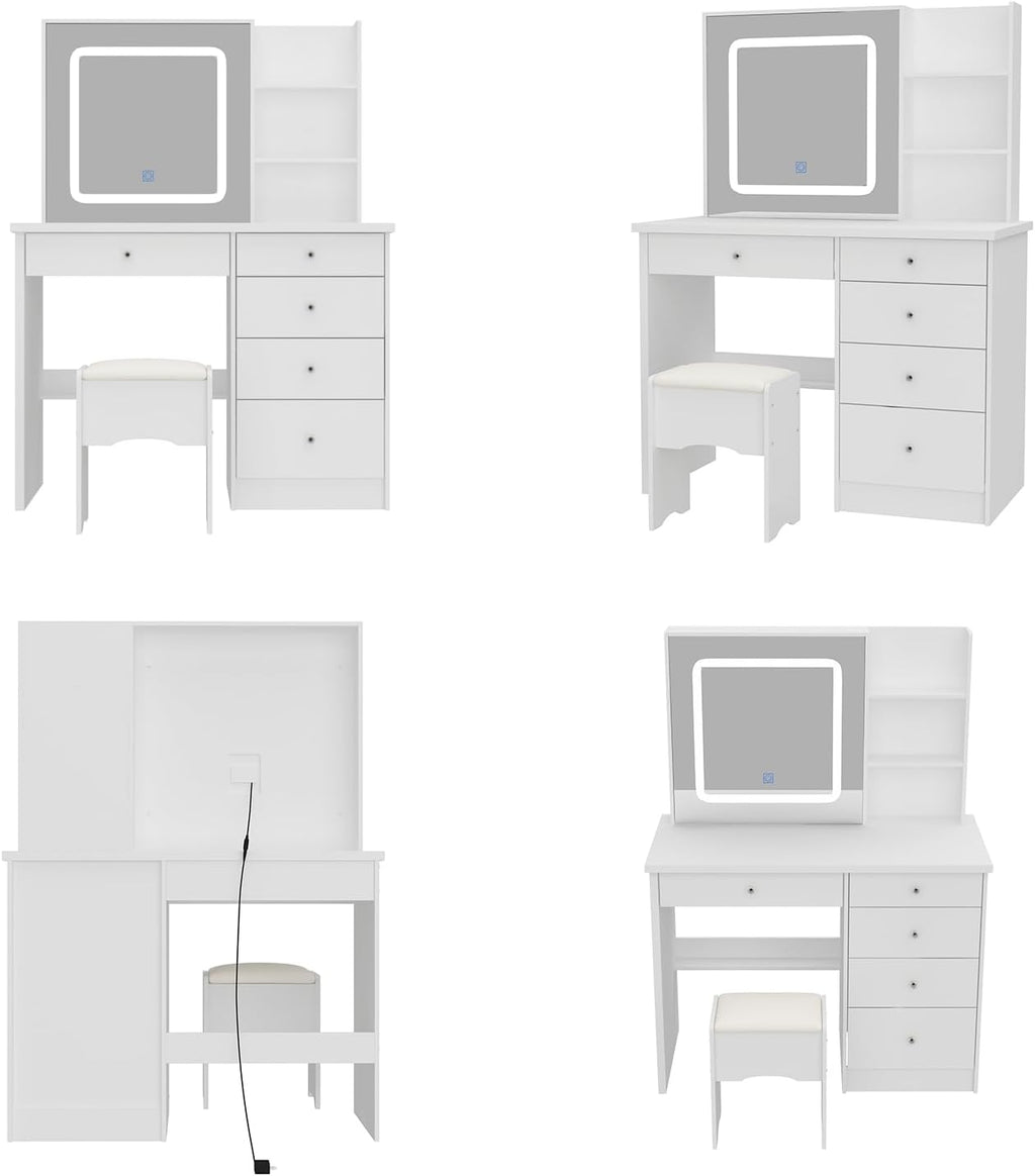 Vanity with Chair, Dressing Table with Lighted Sqaure Mirror, 5 Drawers and Shelves, Makeup Vanity Set with Storage for Bedroom, Crystal Knobs, White, 19.7' D x 39.4' W x 53.5' H