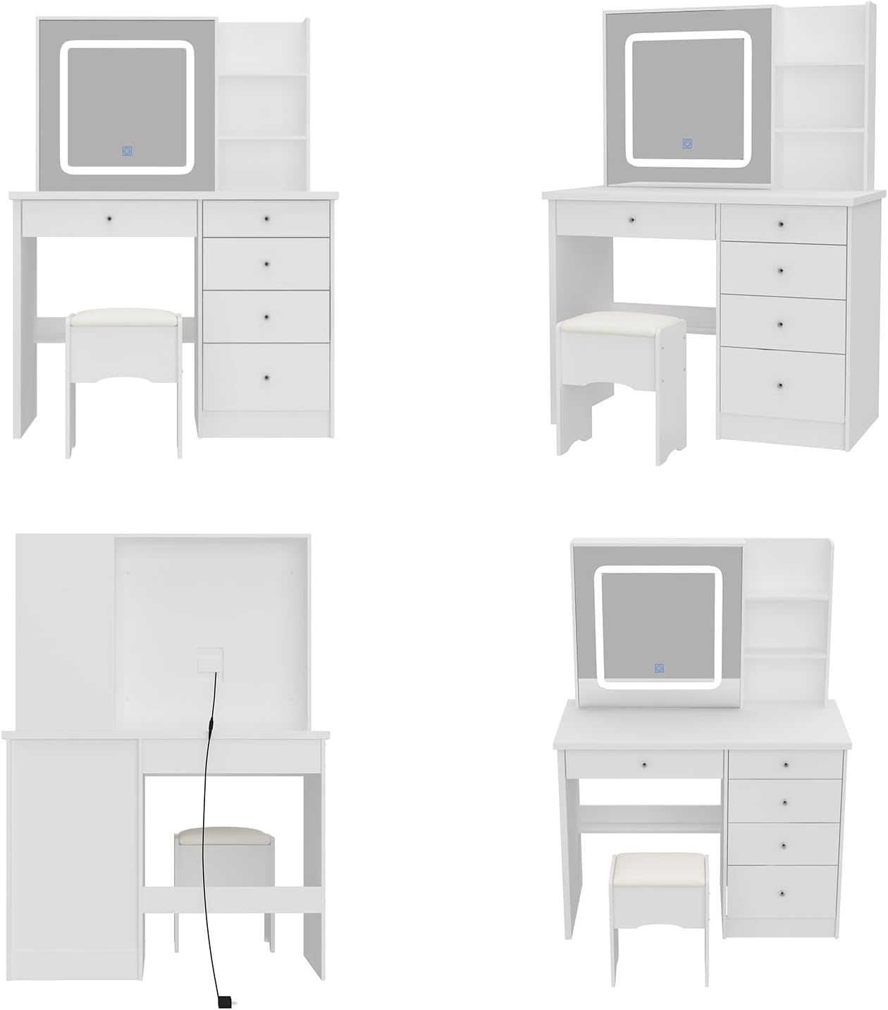 Vanity with Chair, Dressing Table with Lighted Sqaure Mirror, 5 Drawers and Shelves, Makeup Vanity Set with Storage for Bedroom, Crystal Knobs, White, 19.7' D x 39.4' W x 53.5' H