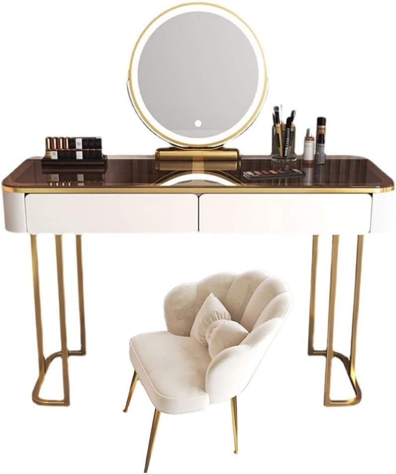 Vanity Benches Dresser Set Bedroom Modern Dresser Simple Small Apartment Dresser with LED Round Mirror, Stool, Two Drawers (Color : A)