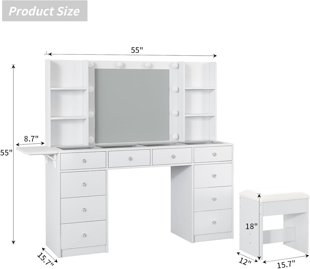 FUSOU Vanity Desk with Power Outlet, 10 Drawers Makeup Vanity with Mirror and Lights, 3 Colors Adjustable, Fold-up Panel, Glass Top Vanity Set for Bedroom