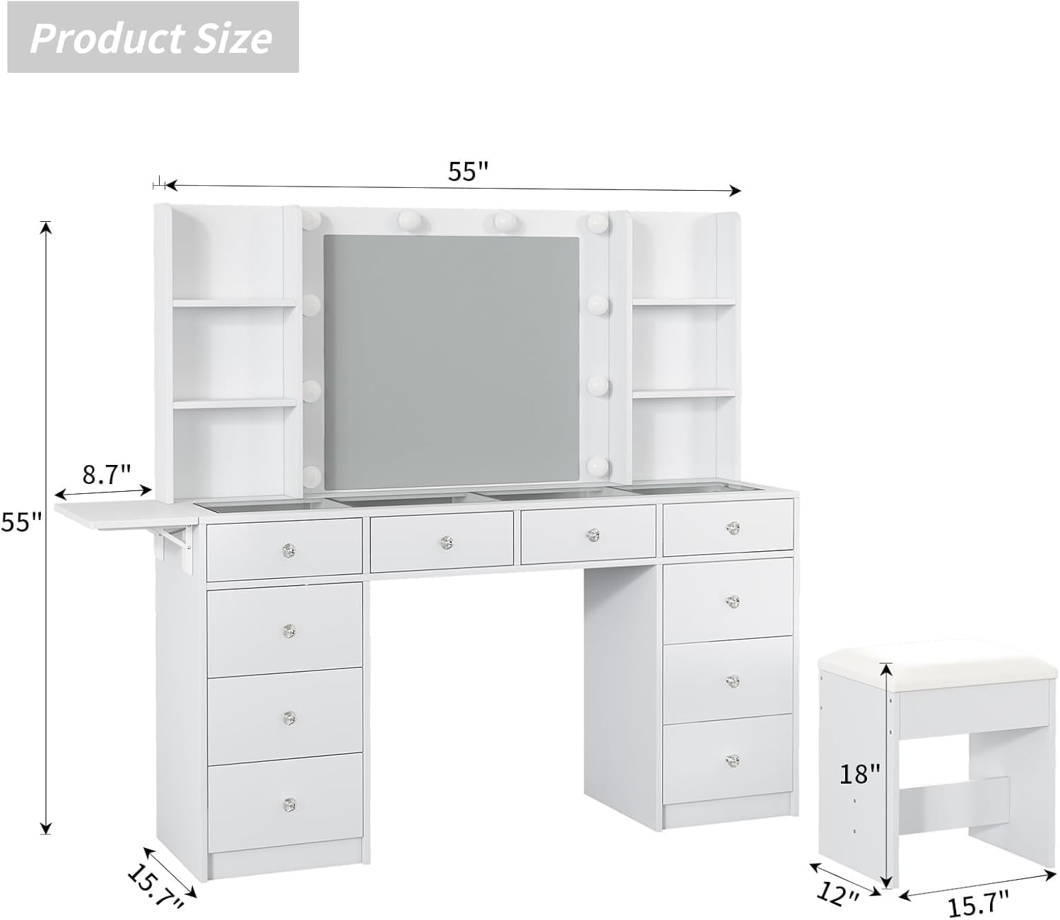 FUSOU Vanity Desk with Power Outlet, 10 Drawers Makeup Vanity with Mirror and Lights, 3 Colors Adjustable, Fold-up Panel, Glass Top Vanity Set for Bedroom