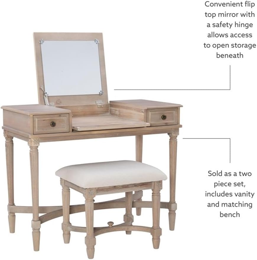 Linon Cyndi Wood Vanity & Padded Stool Set Flip Up Mirror 2 Drawers in Gray Wash