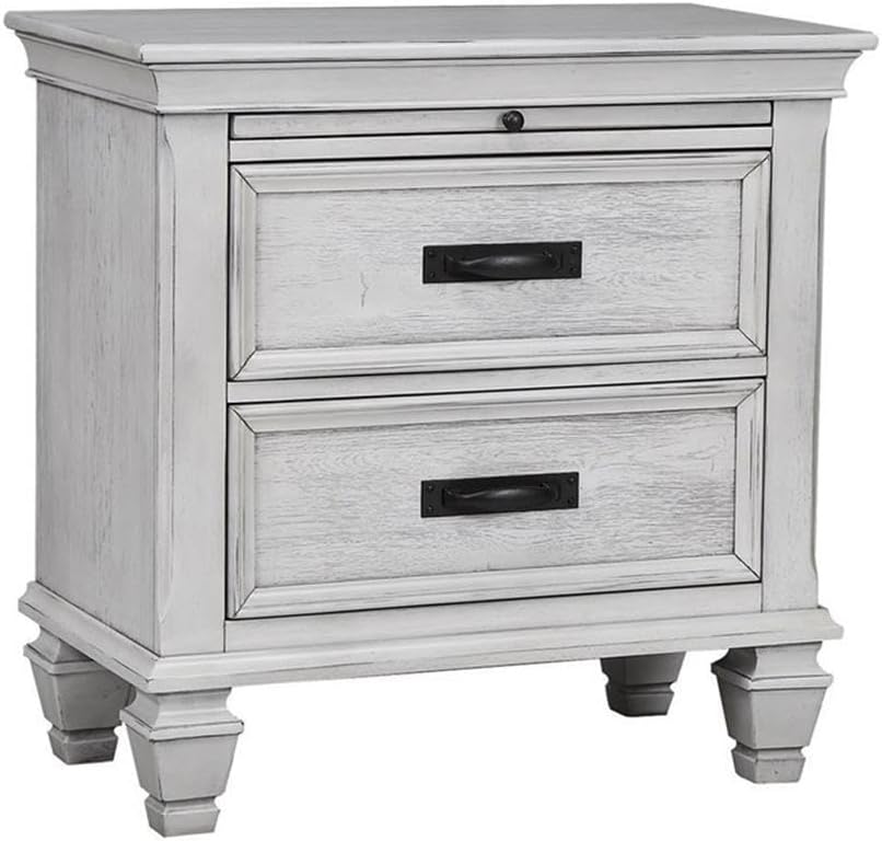 Pemberly Row 4-Piece Eastern King Panel Wood Bedroom Set, Antique White Finish, Includes Bed, Nightstand, Dresser, Beveled Mirror, Soft-Closing Drawer Glides, Pull-Out Tray, Coastal Resort Style