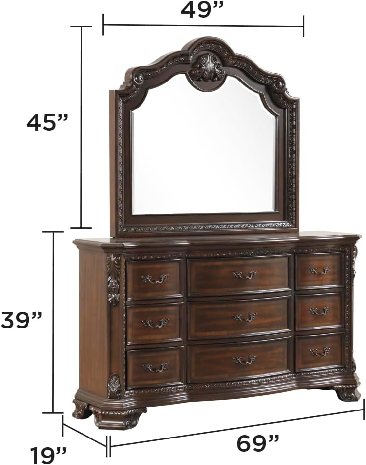 Traditional Style 5 Pc King Bedroom Set with Intricate Wood Carvings Made with Wood in Walnut