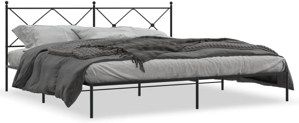 Black Powder-Coated Steel Double Bed Frame with Headboard, Sturdy Metal Platform Bed Base, Modern Design for Bedroom, Easy Assembly and Durable Construction