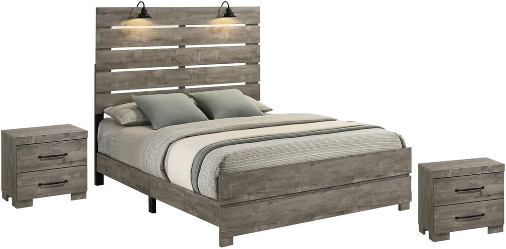 BEST QUALITY FURNITURE TM THE BEST CHOICE FOR YOUR HOME Modern 3-Piece Full Bedroom Set with LED Reading Lamps and USB Nightstands – Panel Bed Frame and 2 Nightstands in Antique Gray Laminate Finish