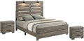 Modern 3-Piece Eastern King Bedroom Set with LED Reading Lamps and USB Nightstands – Panel Bed Frame and 2 Nightstands in Antique Gray Laminate Finish
