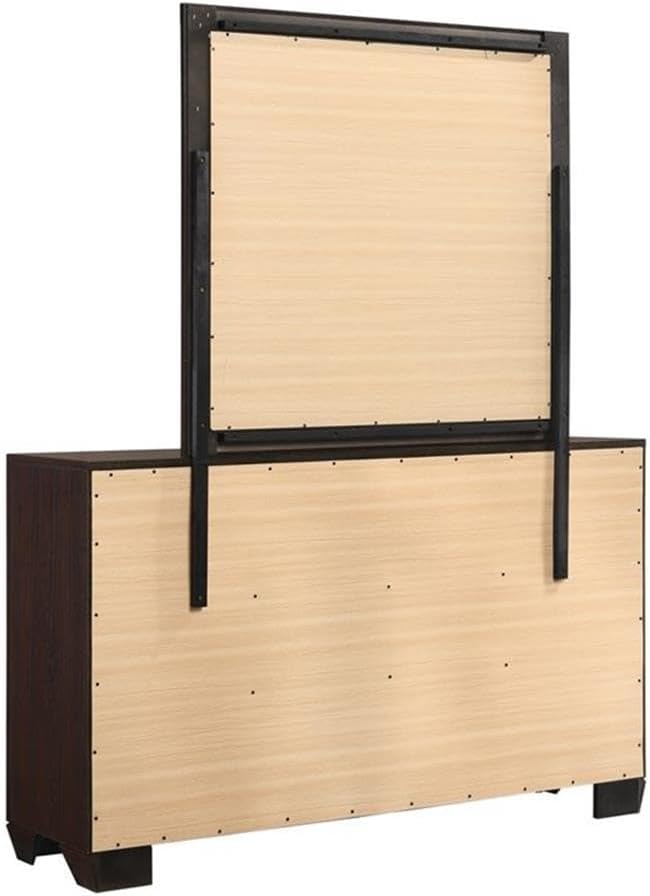 MAKLAINE 4-Piece California King Bedroom Set, Brown Faux Leather Bed with Black Rubberwood Legs, Includes Nightstand, Dresser, Mirror, Mid-Century Modern Style, Transitional Furniture for