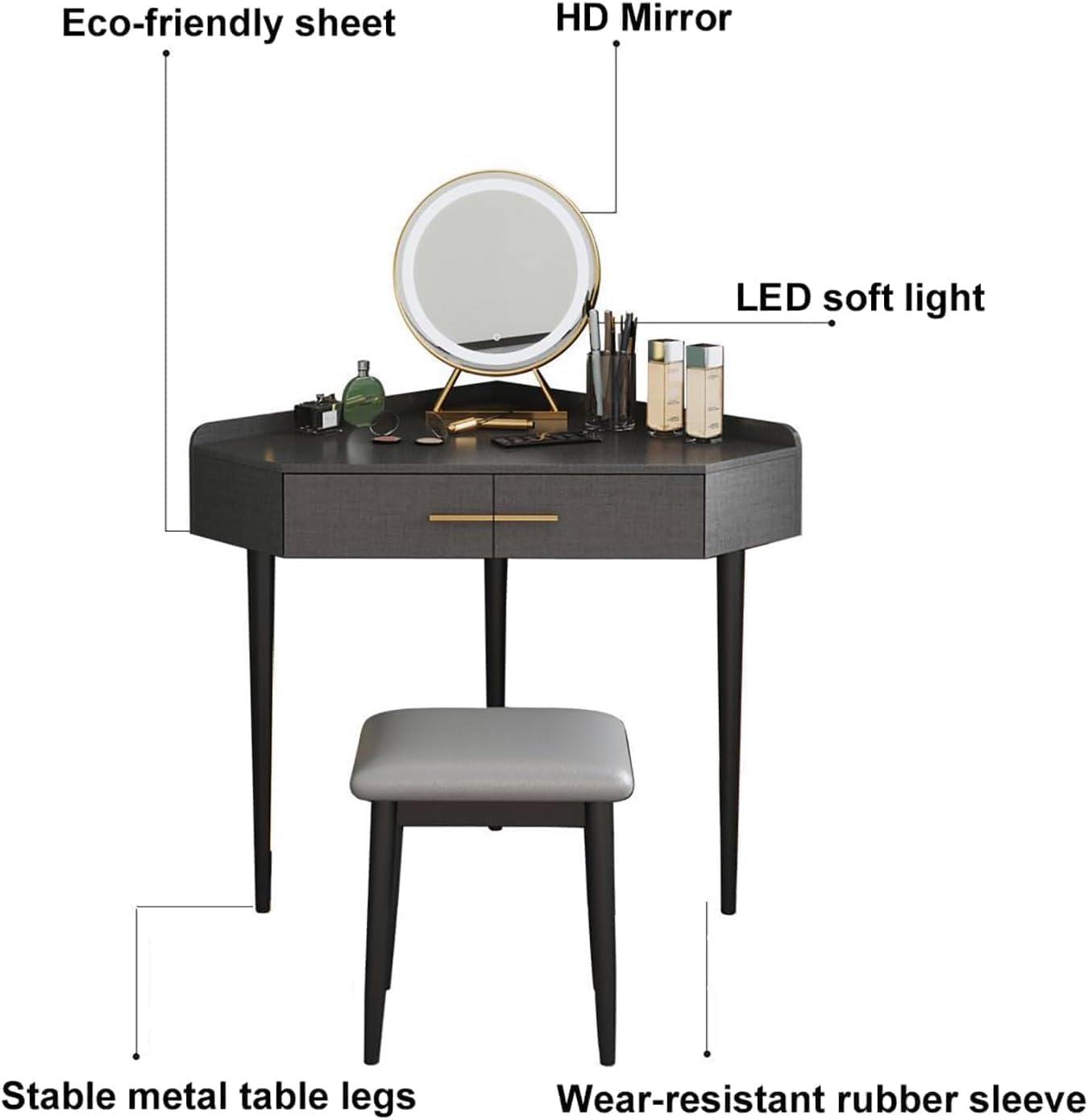 Rieort Makeup Table Adjustable Brightness Mirror Vanity Benches with 2 Drawers Vanity Desk Padded Stool Home Vanity Table Set
