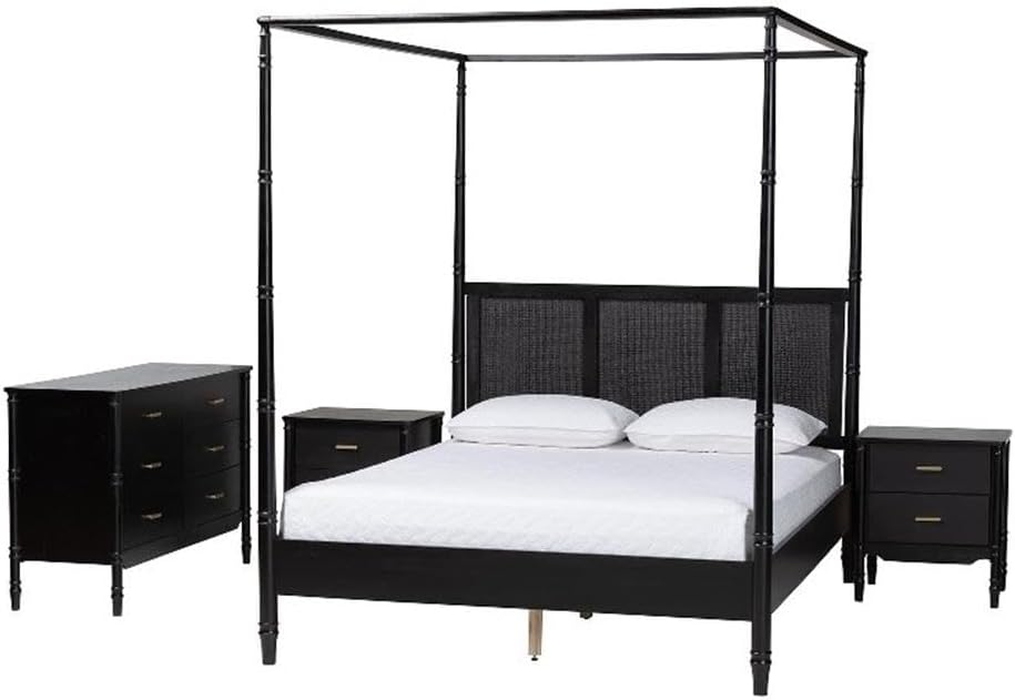 Baxton Studio Marisela 4 Piece Black Bedroom Set Rattan Headboard King