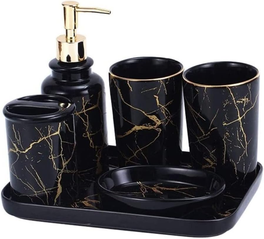 Vanity Bathroom Decor, Nordic Ceramics Bathroom Accessories Set Imitation Marble Toothbrush Holder Soap Dispenser Cup Soap Dish Housewarming Gift(Black,6pcs)