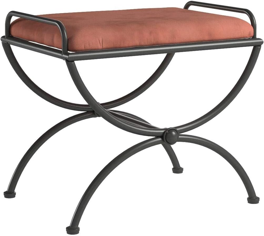 Pemberly Row Iron Vanity Bench, 17' H x 21' W x 16' D, Terra Cotta Finish, Microsuede Cushion, Hand-Woven Style, Powdercoated Frame, Dressing Room, Living Area, or Foot of Bed Seating