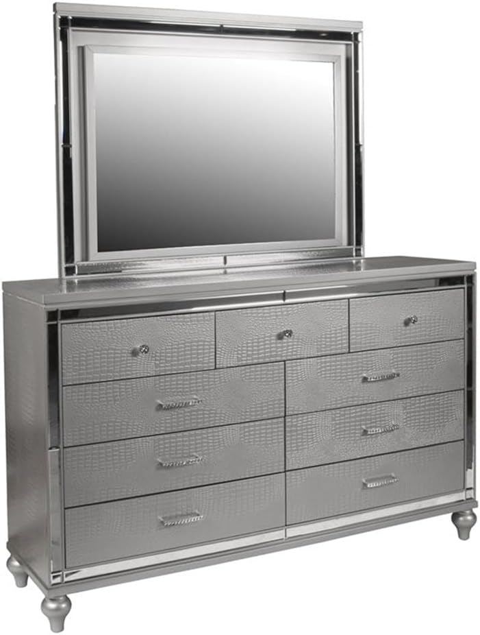 Pemberly Row 4-Piece Queen Bedroom Set, Solid Wood, Silver Finish, Includes Bed, Dresser, Mirror, Nightstand, Embossed Inlay, Lighted Headboard and Mirror, Durable MDF Drawers for Elegant Bedroom