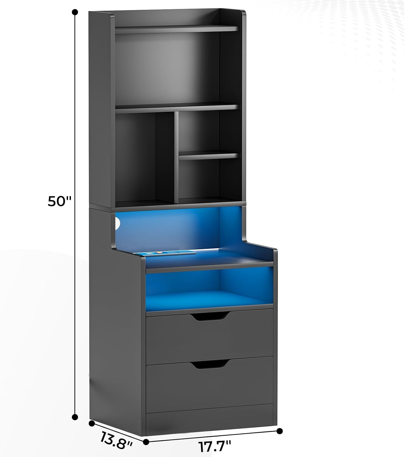 ADORNEVE Charging Nightstand Set of 2 with LED Lights,Tall Night Stand with Bookshelf,Bedside Table with Drawers,Black Side Tables Bedroom