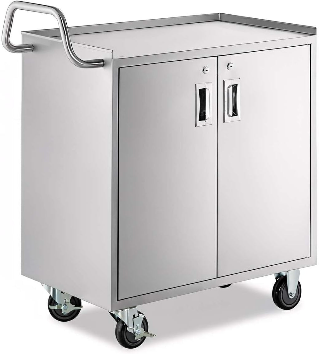 18' x 30' Stainless Steel Utility Cart with Enclosed Base and Locking Doors - Commercial NSF 3 Shelf Service Cart, Heavy-Duty Mobile Storage Cabinet for Kitchen, Catering, Restaurant Storage