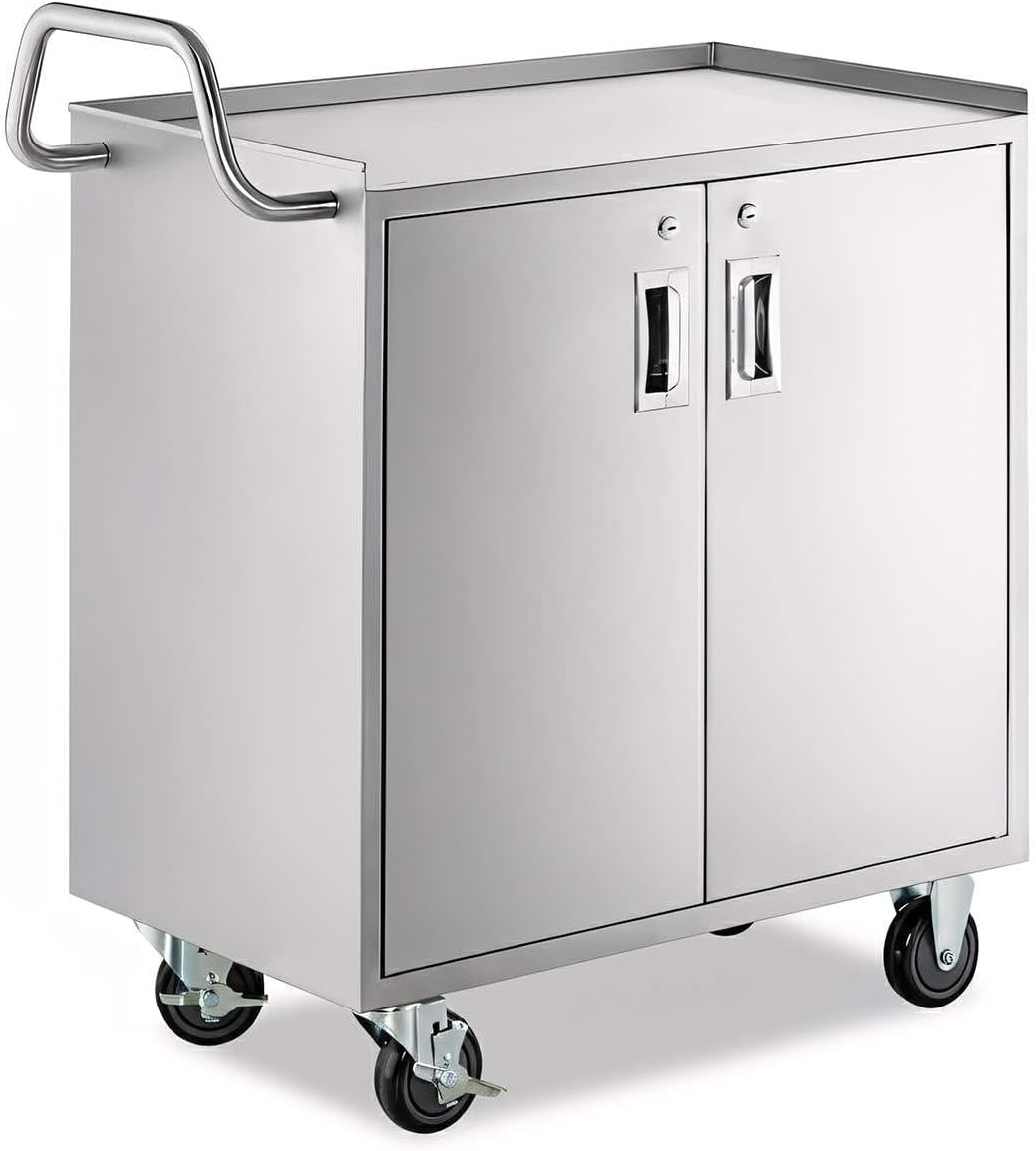 18' x 30' Stainless Steel Utility Cart with Enclosed Base and Locking Doors - Commercial NSF 3 Shelf Service Cart, Heavy-Duty Mobile Storage Cabinet for Kitchen, Catering, Restaurant Storage