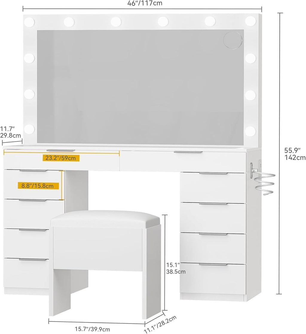 DWVO 46'' Glass Top Makeup Vanity with 10 Drawers, Vanity Desk Set with Large LED Mirror, Built-in Charging Station & Cushioned Storage Chair, Dressing Table with 3-Color Light Modes, Cream White