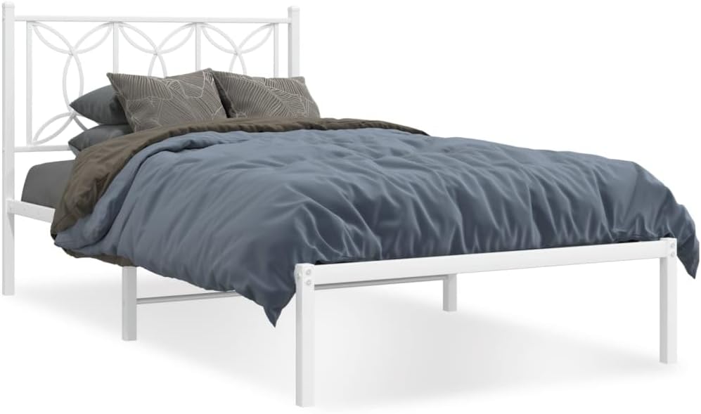 White Metal Bed Frame with Headboard Steel Platform Base 39.4'x78.7' Twin/Queen Size Sturdy Bedframe for Bedroom with Underbed Storage Space
