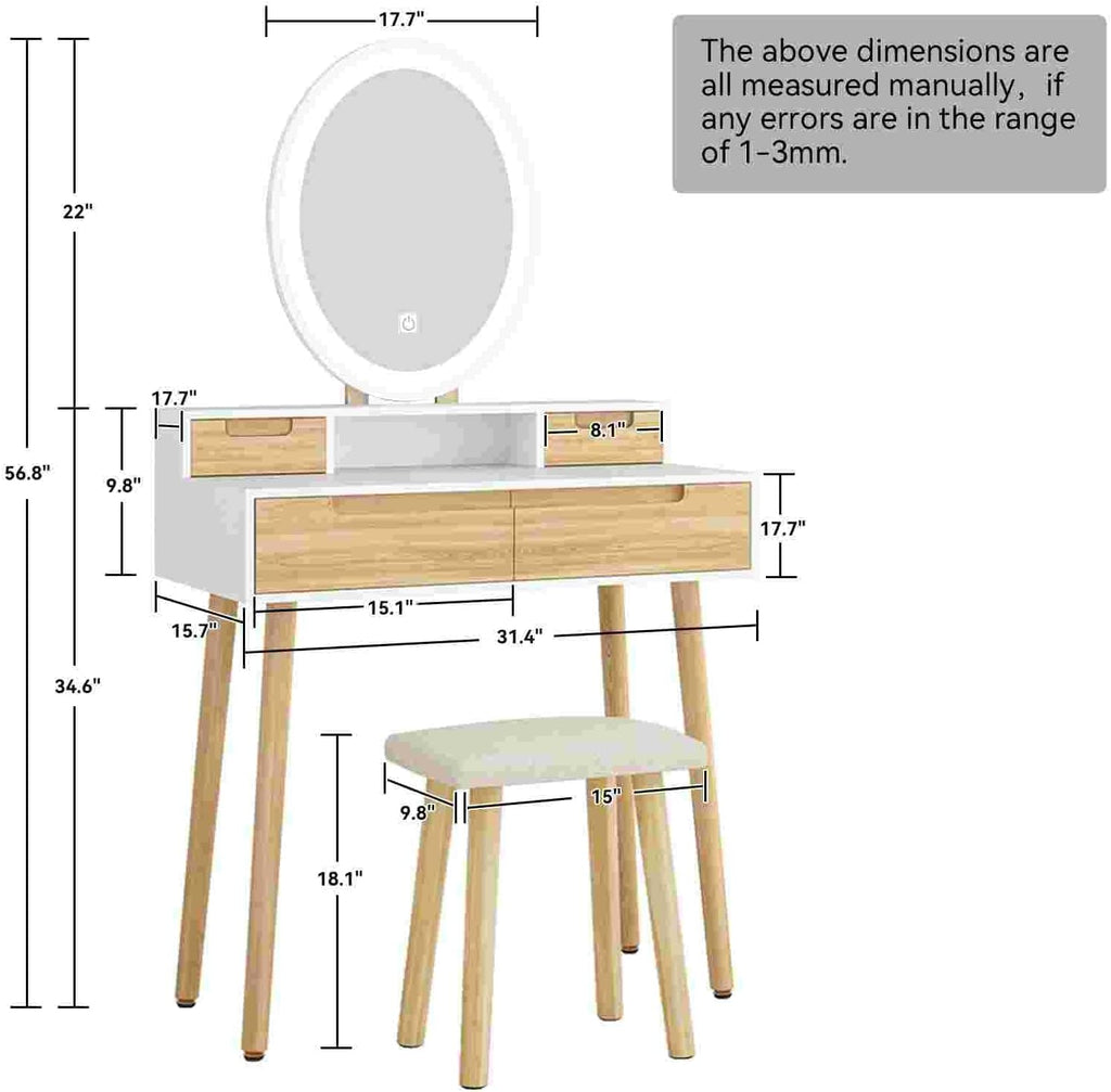 YOURLITE Makeup Vanity Desk with Lights, Small Vanity with Adjustable Brightness Mirror for Small Spaces, Dressing Table with Drawers (31.5', Oval Mirror Wood)