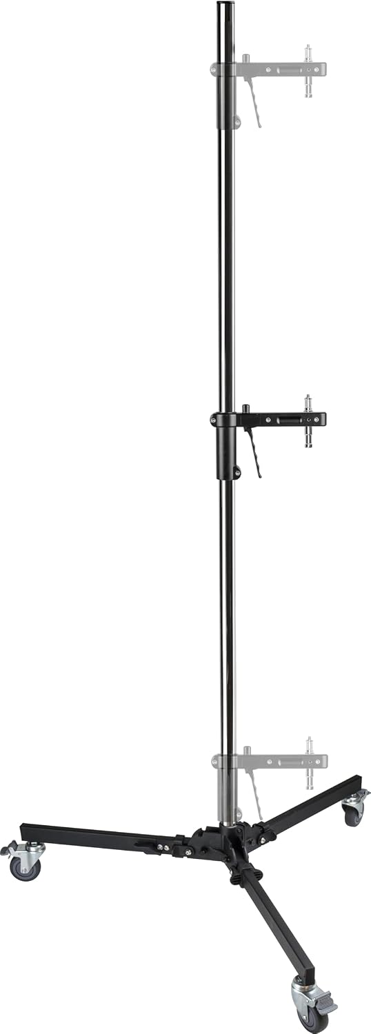 Kupo Steel Column Roller Stand, Mobile Studio Stand with Spring-Loaded Sliding Arm, Folding Wheeled Base, Universal Baby Pin Compatibility, Max Height 8.5', Supports 17.6lbs, Silver (KS301912)
