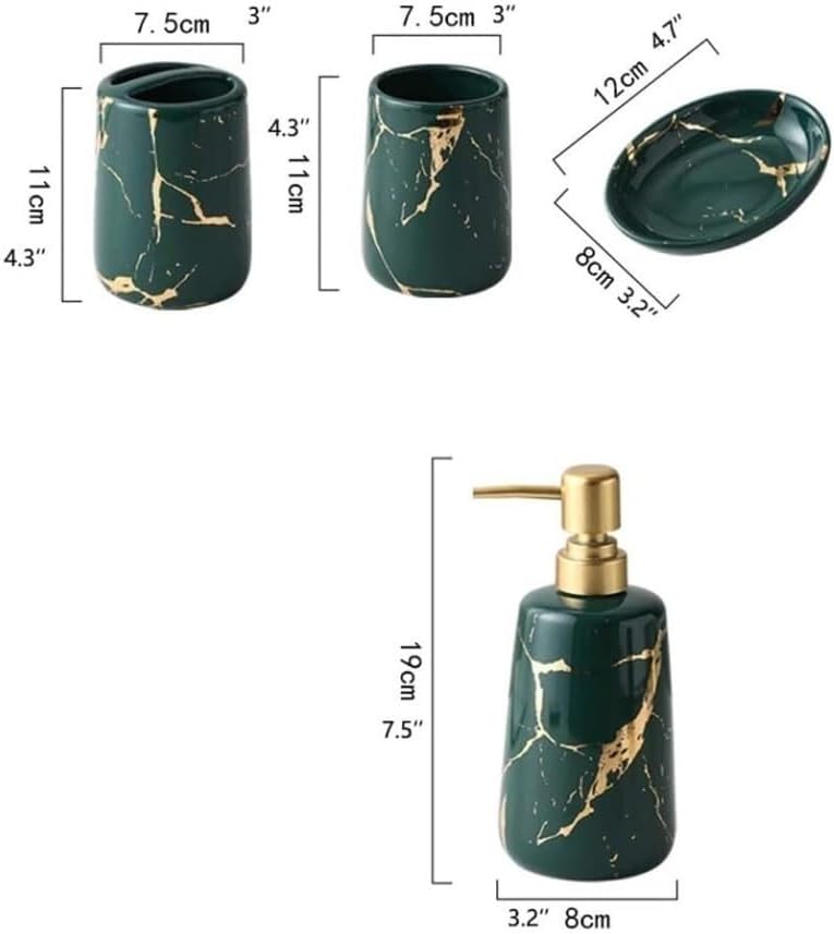 Vanity Bathroom Decor, 6-Piece Ceramics Bathroom Accessories Set Soap Dispenser/Toothbrush Holder/Mouthwash Cup/Soap Box Marble Texture Set Housewarming Gift(Green)